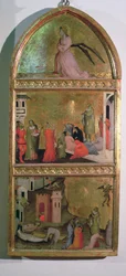 The Martyrdom of St. Sebastian-altertavle, sidepanel som viser engelen Gabriel og scener fra livet til den hellige tempera på paneldetalj av 94767